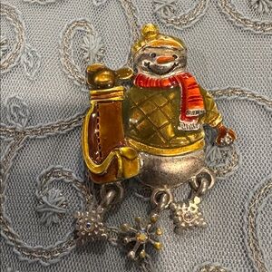 Vintage Silver Tone Snowman Golf Caddy Dangle Snowflake Pin Brooch AJMC Jewelry